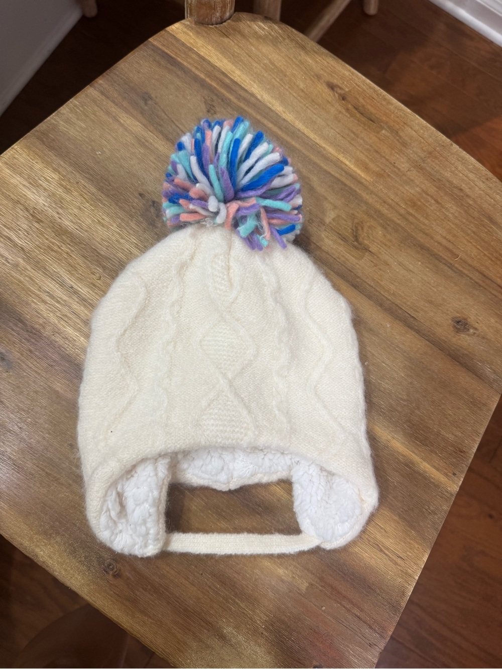 Target Cream Knit Earflap Hat with Multicolor Pom Pom